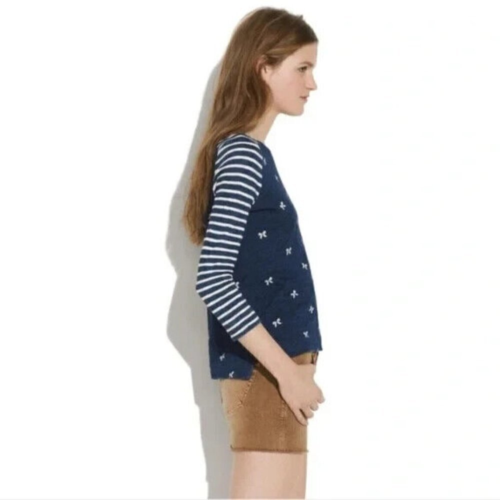 Madewell Indigo Ink White Stripes And Bows Back Zip 3/4 Sleeve Top Small - Picture 2 of 6